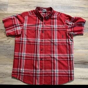 Mens Medium-Regular Fit-Red Plaid - Short Sleeve-Button Down Shirt - Columbia